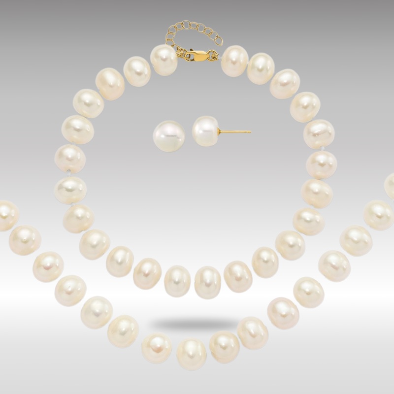 Gold 8-9mm Near Round White FWC Pearl Earring with 1in ext. Bracelet with 2in ext Necklace – Model XF769SET