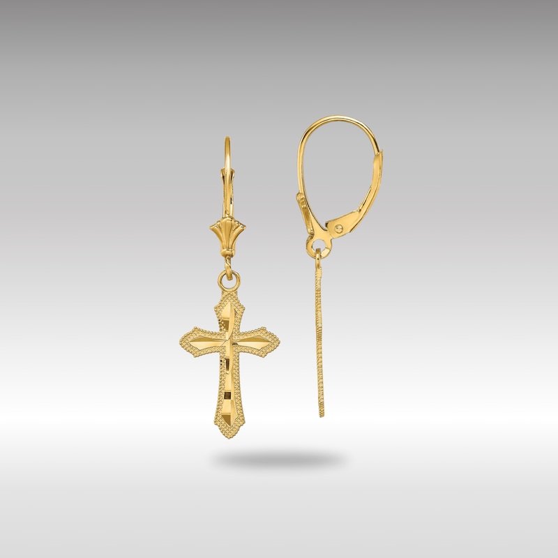 Gold Diamond Cut Cross with Beaded Edge Leverback Earrings – Model TF1778