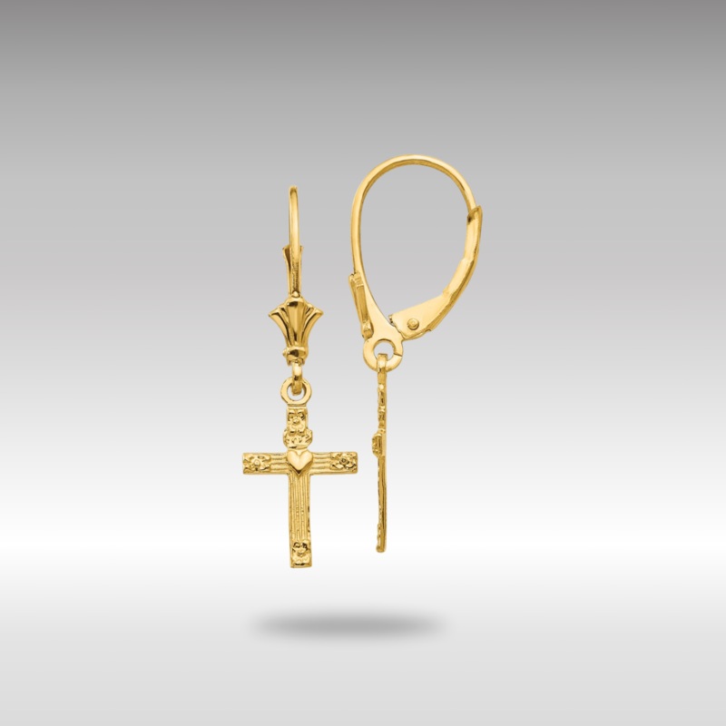 Gold Mini Cross with Heart Leverback Earrings Model-K4531