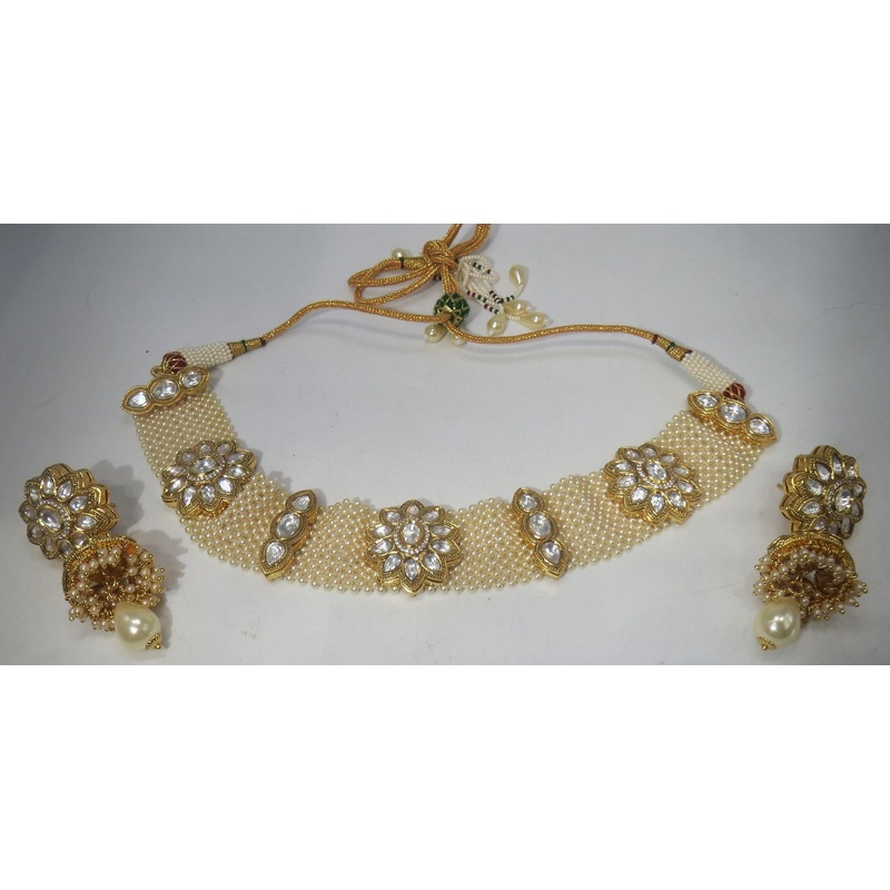 Jewelshingar Jewellery Fine Antique Polki Kundan Gold Plated Clear Colour Necklace For Women ( 60571ACS )