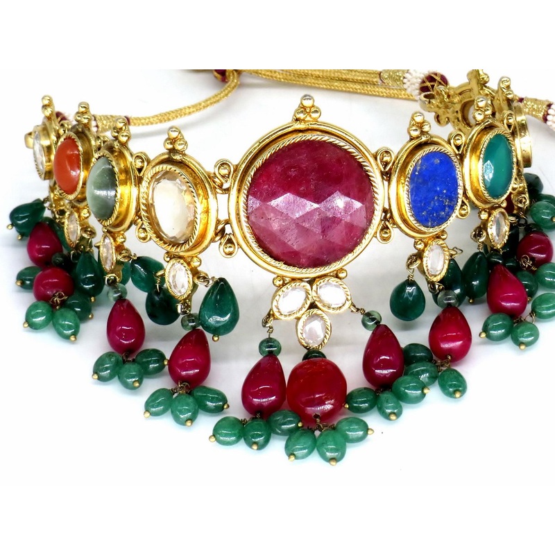 Jewelshingar Jewellery Fine Antique Polki Kundan Gold Plated Multi Colour Necklace For Women ( 62827ACS )