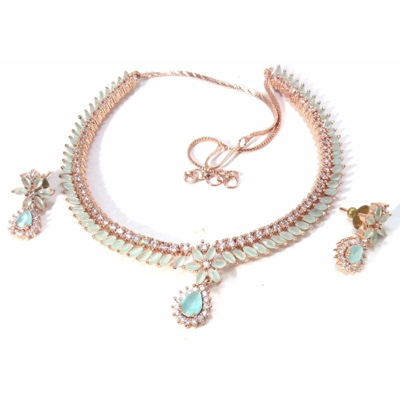 Jewelshingar Jewellery Fine Antique Polki Kundan Rosegold Plated Green Colour Necklace For Women ( 62091NAD )