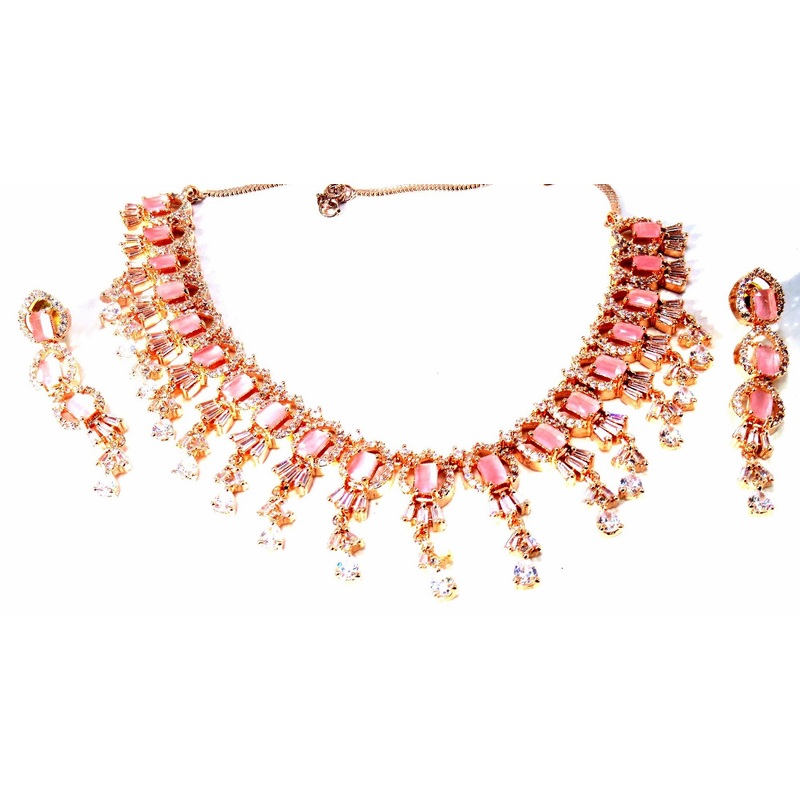 Jewelshingar Jewellery Fine Antique Polki Kundan Rosegold Plated Pink Colour Necklace For Women ( 62087NAD )