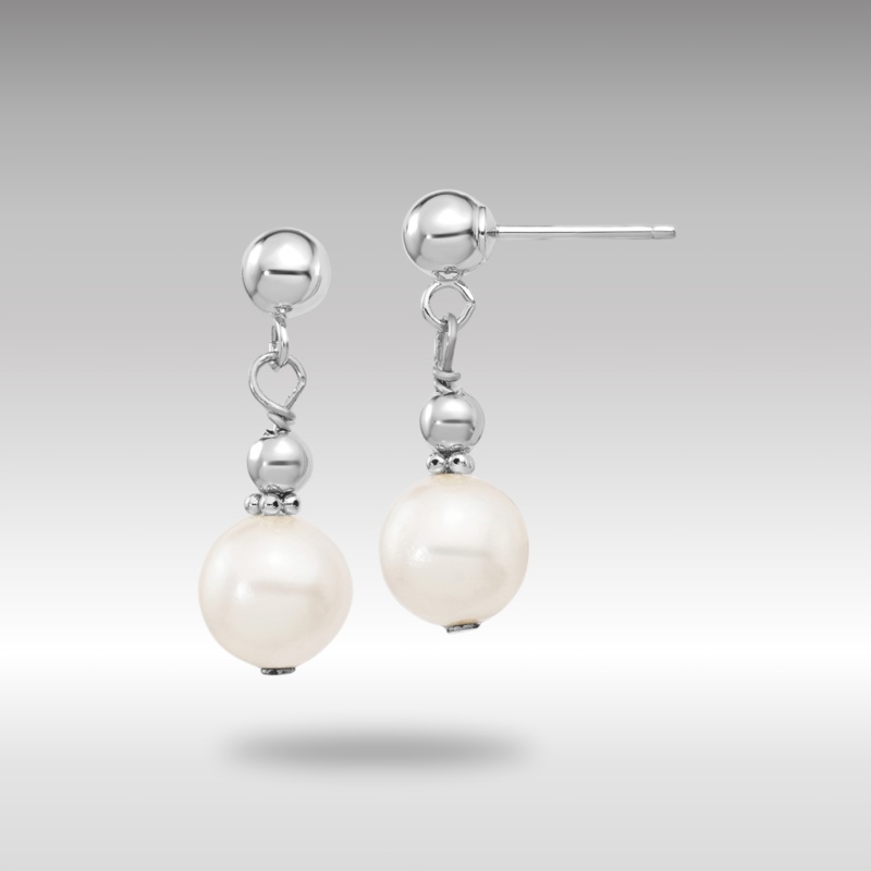 White Gold 7-8mm White Semi-round Freshwater Cultured Pearl Dangle Post Earrings Model-XFW564