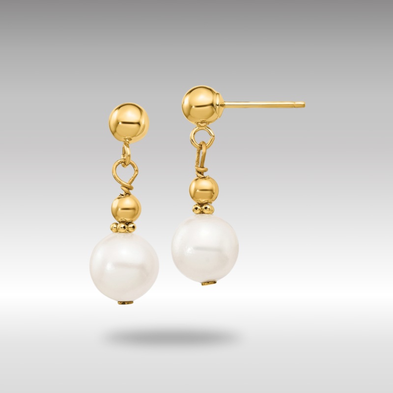 Gold 7-8mm White Semi-round Freshwater Cultured Pearl Dangle Post Earrings Model-XF564