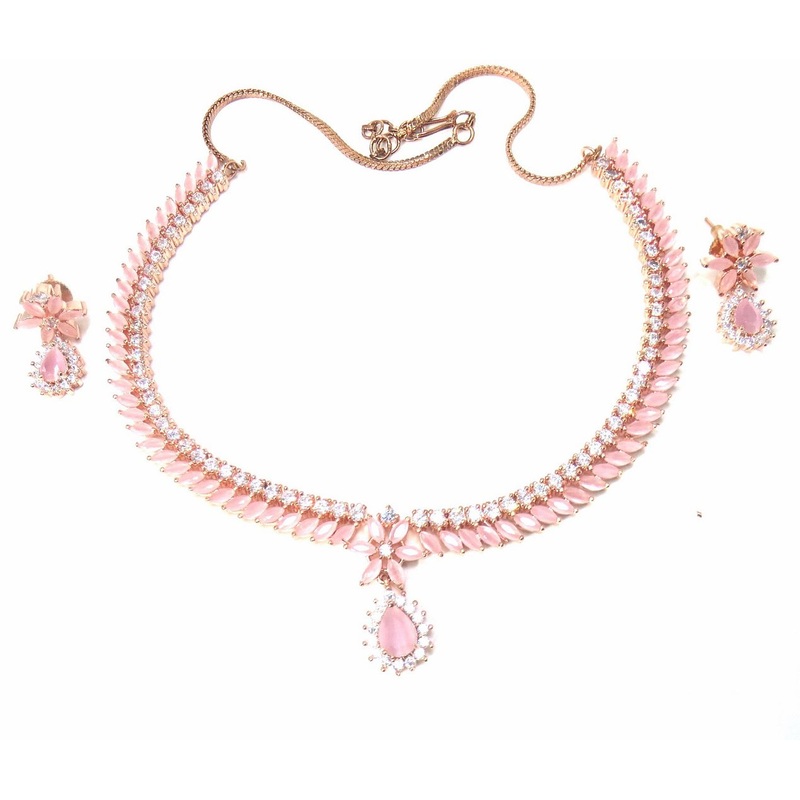 Jewelshingar Jewellery Fine American Diamond Gold Plated Pink Colour Necklace For Women ( 60812NAD )