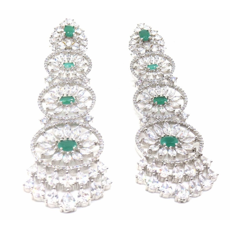 Jewelshingar Jewellery Rhodium Plated Green Colour Earrings For Women ( 56399EAD )