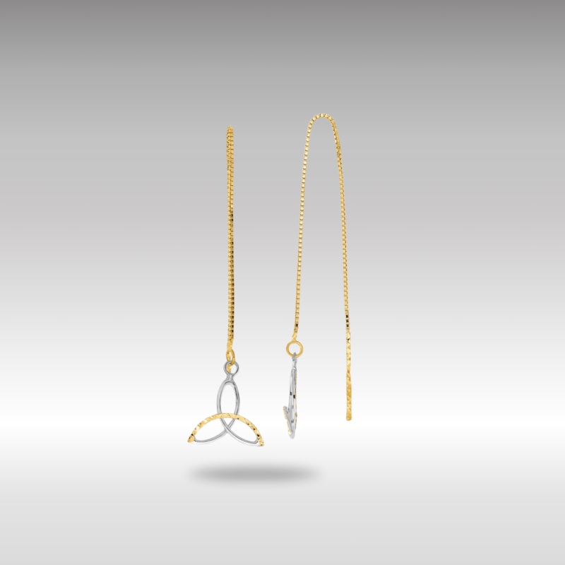 Yellow and White Gold Diamond Cut Box Chain Celtic Knot Threader Earrings Model-TE659