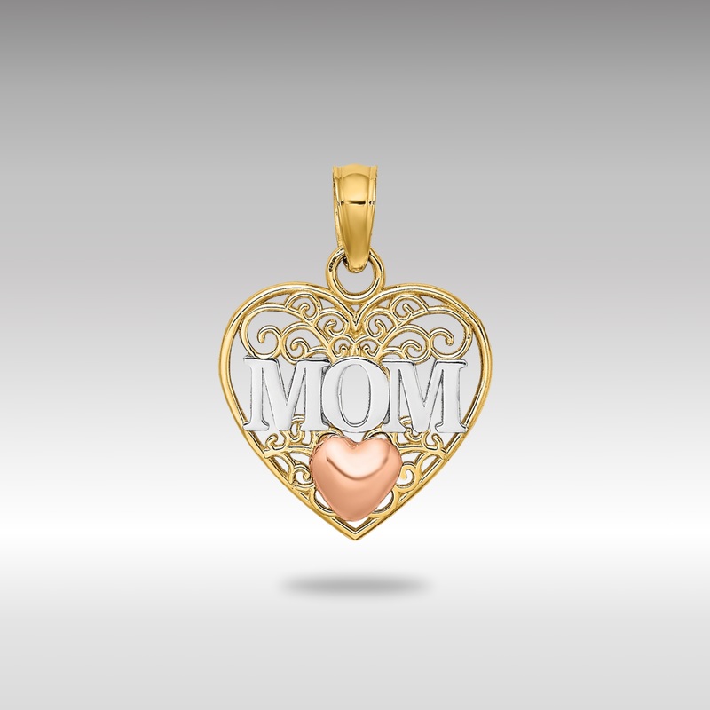Yellow, White, & Rose Gold Polished MOM in Heart Pendant – Model K9559