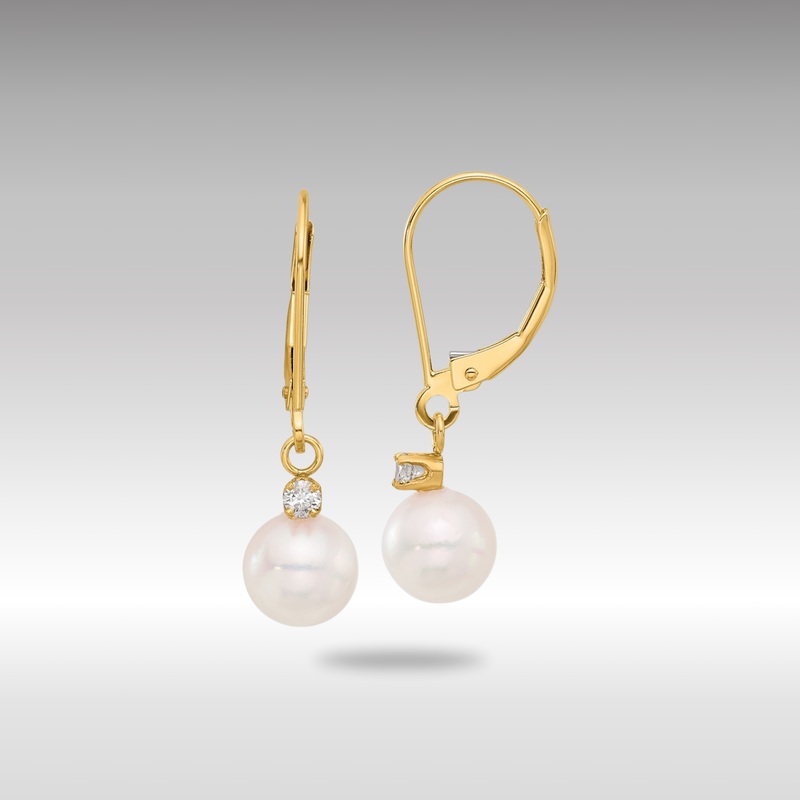 Gold 7-8mm Round White Akoya Pearl .10ct Dia Dangle Leverback Earrings – Model XF836E