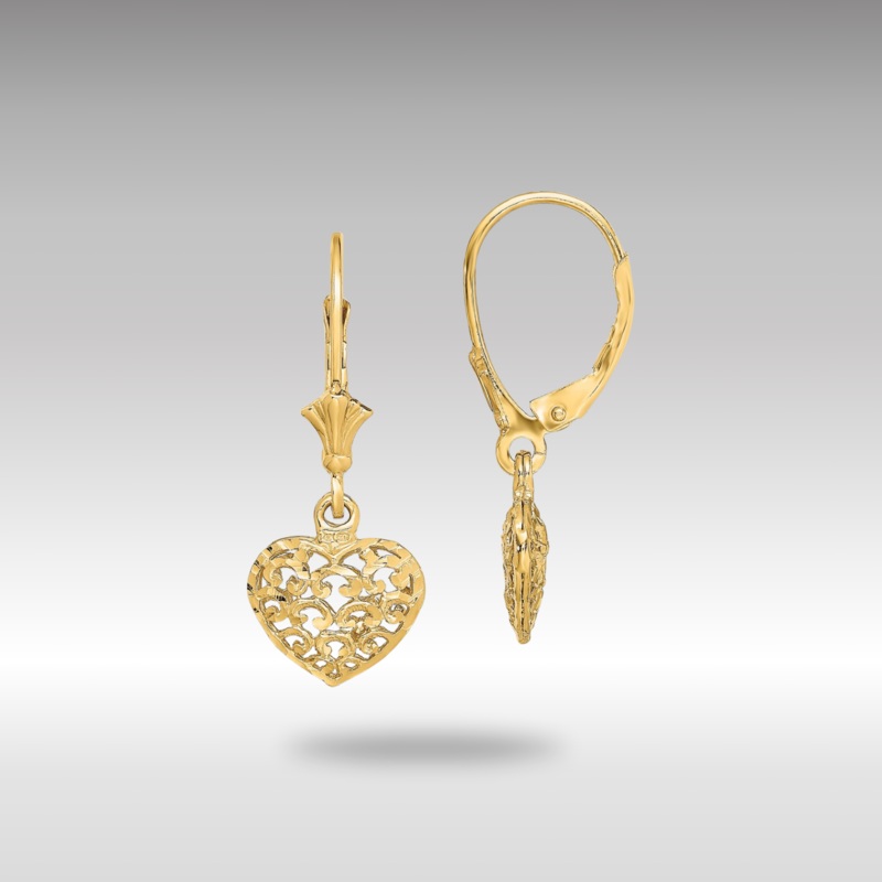 Gold Diamond-cut Mini Puffed Heart Leverback Earrings Model-TF1784