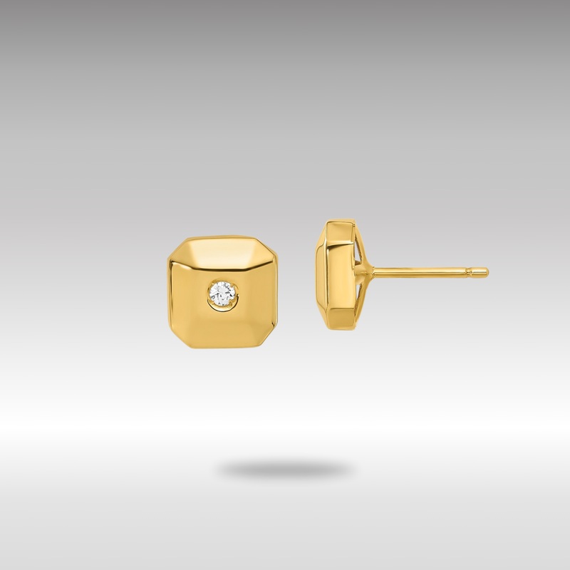 Gold Polished Faceted Square with CZ Post Earrings – Model YE237