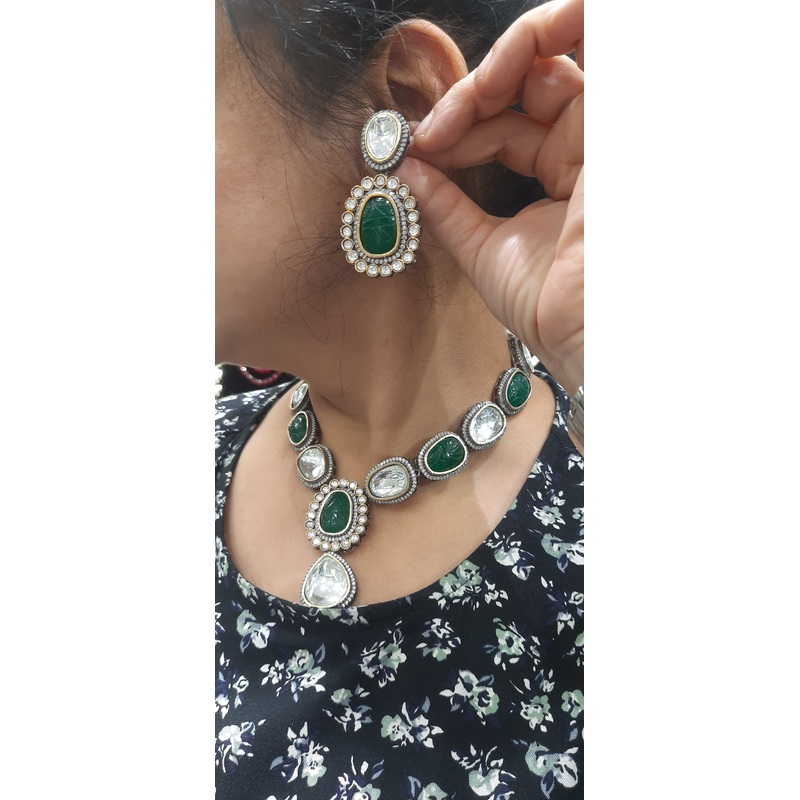 Jewelshingar Fine polki Kundan green panna Emarald onyx Necklace Set In Fine Quality Jewellery ( 193608ACS)