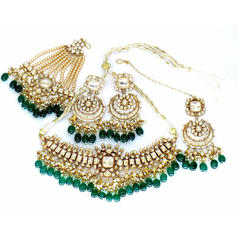Jewelshingar Jewellery Fine Antique Polki Kundan Gold Plated Green Colour Necklace For Women ( 61332ACS )