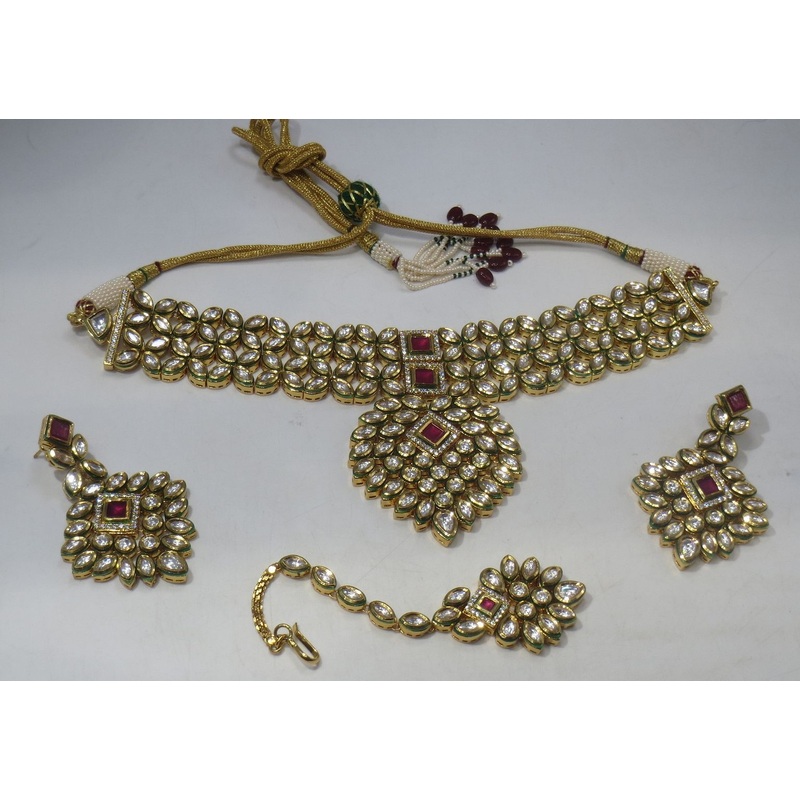 Jewelshingar Jewellery Fine Antique Polki Kundan Gold Plated Red Colour Necklace For Women ( 60557ACS )