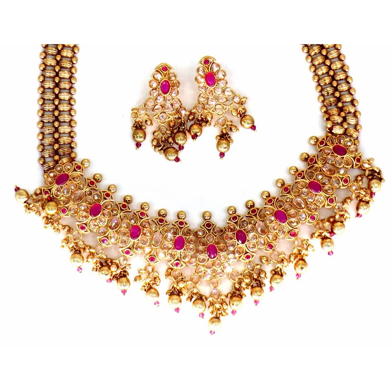 Jewelshingar Jewellery Fine Antique Polki Kundan Gold Plated Ruby Colour Necklace For Women ( 62794AST )