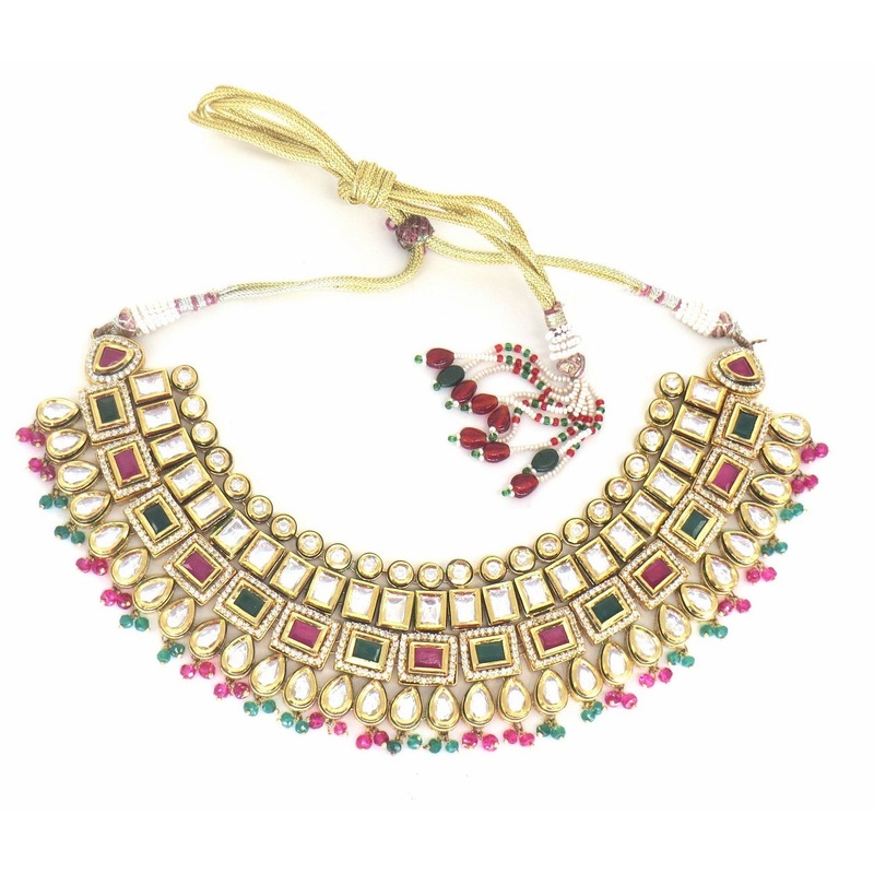 Jewelshingar Jewellery Gold Plated Diamond Colour  Multi Polki Kundan Necklace For Women ( 60169ACN )