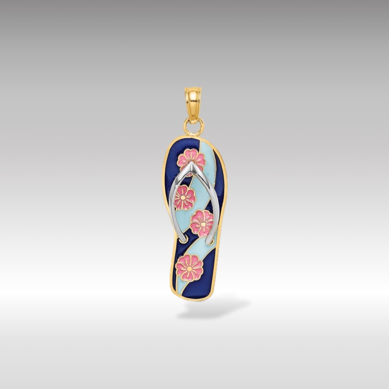 Gold 3D Pink Flowers on Blue Stripes Flip-Flop Pendant