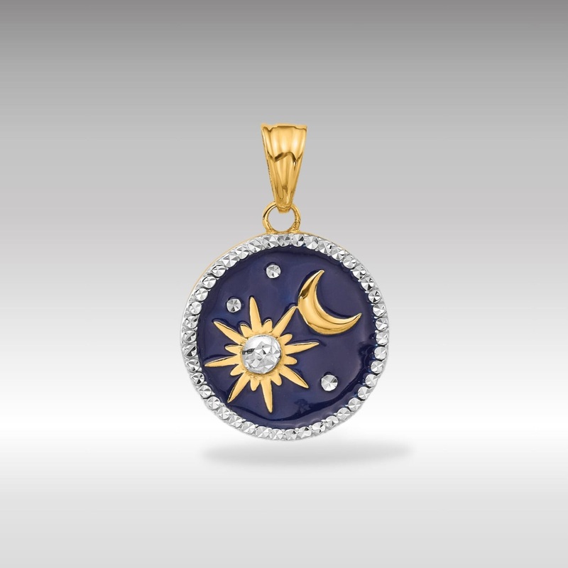 Gold Diamond-Cut Enameled Sun and Moon Pendant – Model C4889