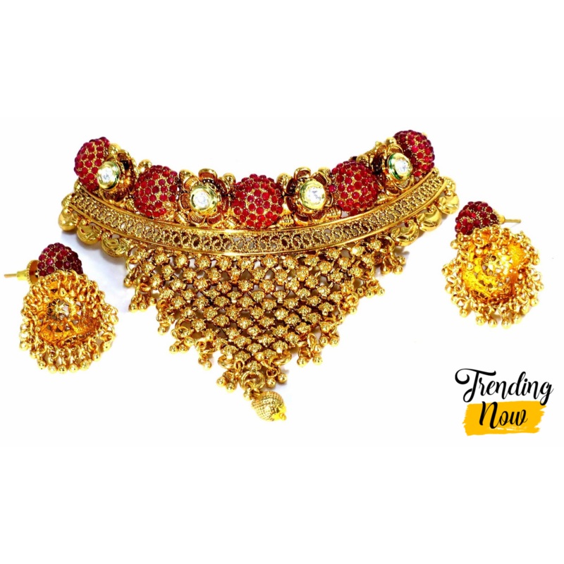 Jewelshingar Jewellery Fine Antique Polki Kundan Antique Plated Red Colour Necklace For Women ( 62023AST )