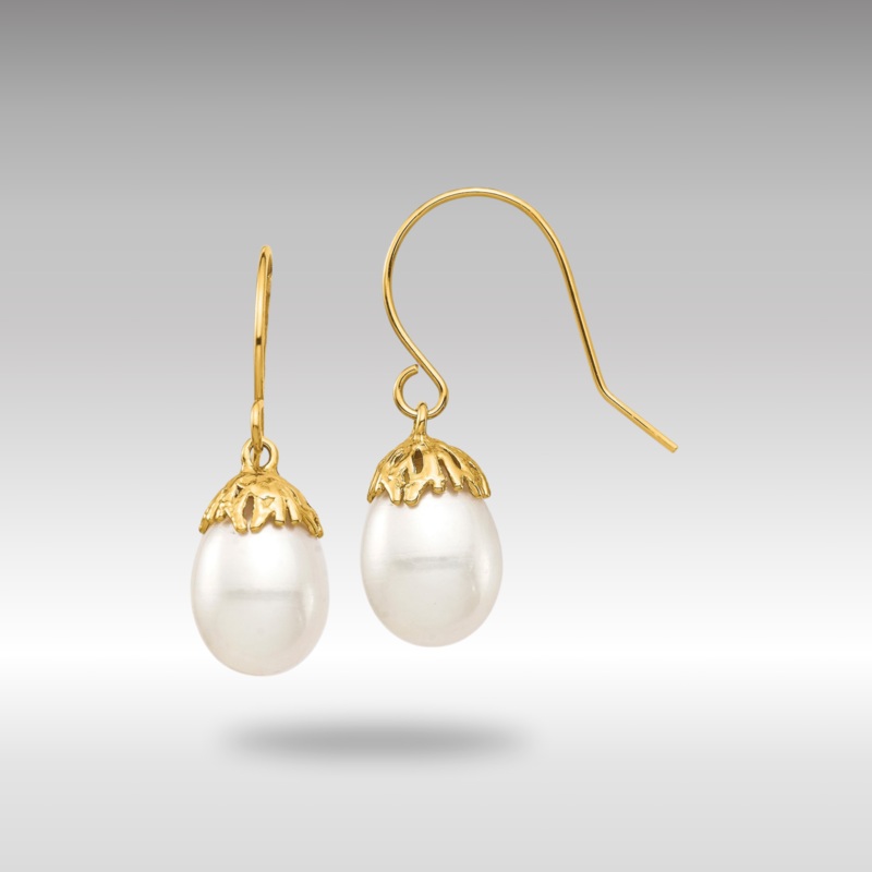 Gold 7-8mm White Rice Freshwater Cultured Pearl Dangle Earrings Model-XF704E