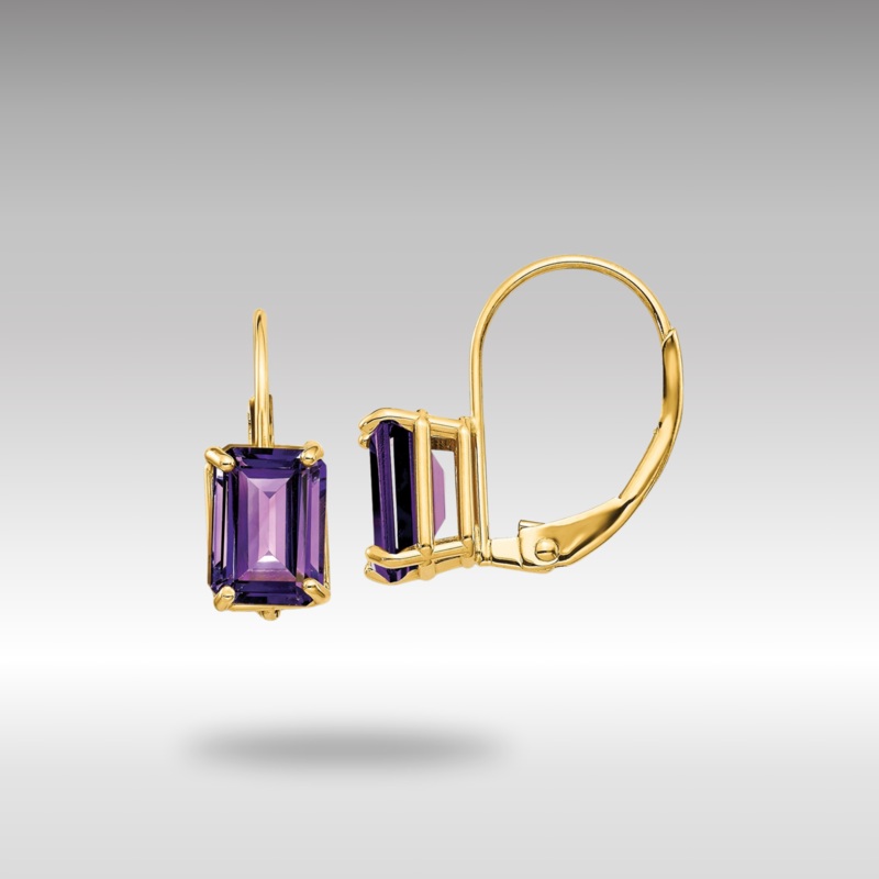 Gold 7x5mm Emerald Cut Amethyst Leverback Earrings Model-XLB124AM