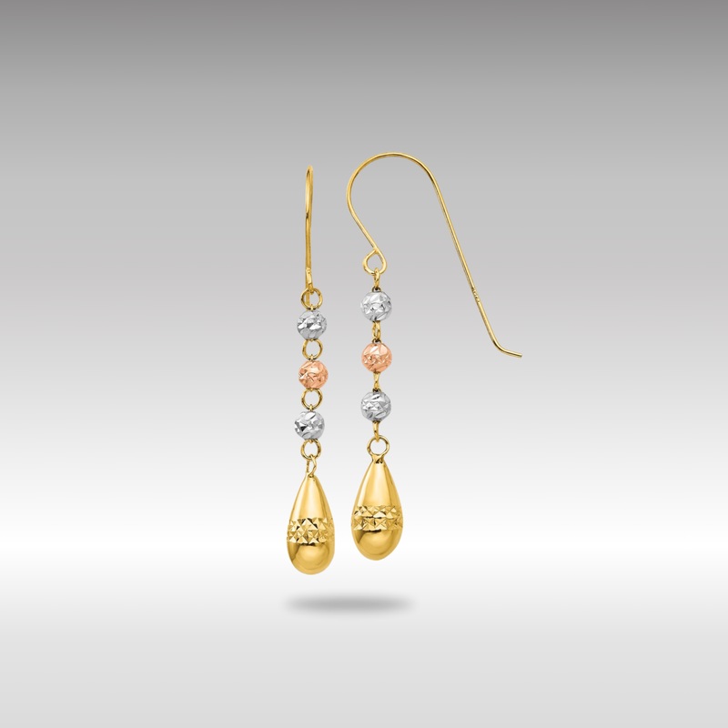 Gold Tri-color Diamond-cut Teardrop Beaded Puff Dangle Earrings – Model TL537