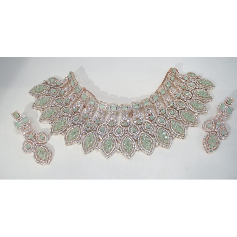 Jewelshingar Jewellery Fine American Diamond Gold Plated Green Colour Necklace For Women ( 60846NAD )