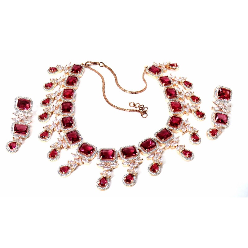 Jewelshingar Jewellery Fine American Diamond Gold Plated Red Colour Necklace For Women ( 60782NAD )