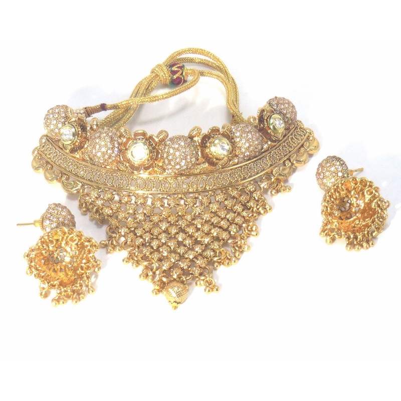 Jewelshingar Jewellery Fine Antique Polki Kundan Antique Plated Clear Colour Necklace For Women ( 62039AST )