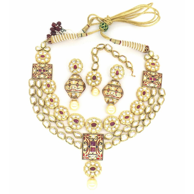 Jewelshingar Jewellery Gold Plated Diamond Colour Pink Polki Kundan Pendant Set For Women ( 60157ACS )