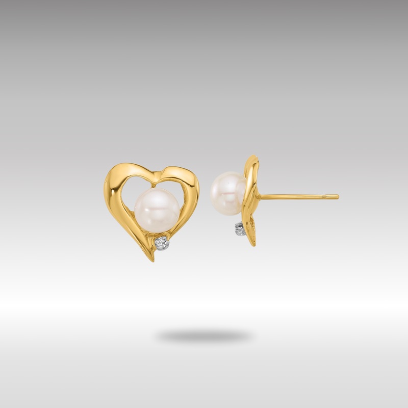 Gold 5-6mm Button White FWC Pearl .02ct Diamond Heart Post Earrings – Model XF849E