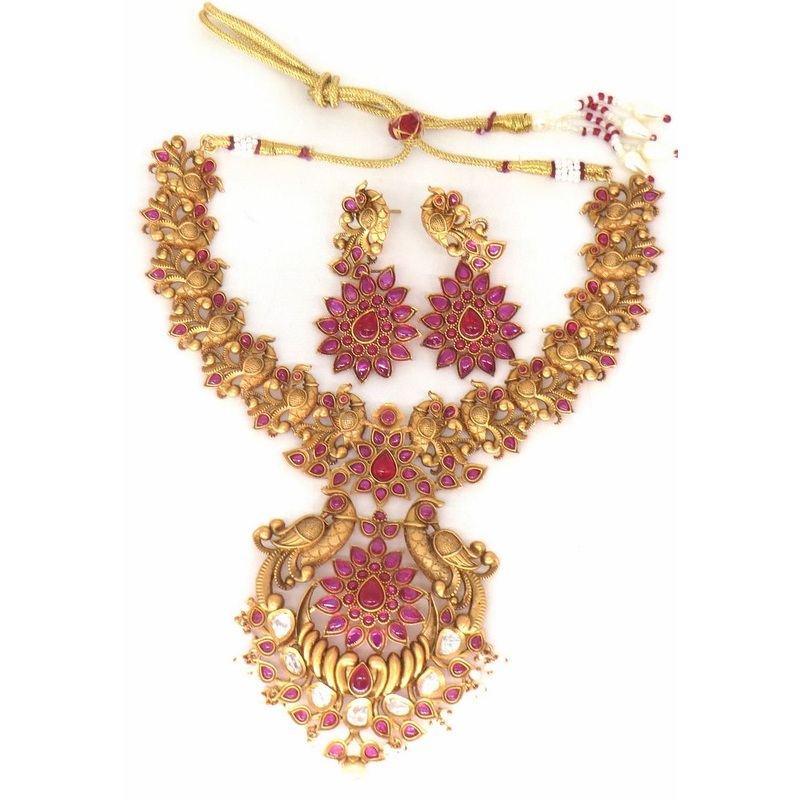 Jewelshingar Jewellery Fine Antique Polki Kundan Gold Plated Pink Colour Necklace For Women ( 61284AST )