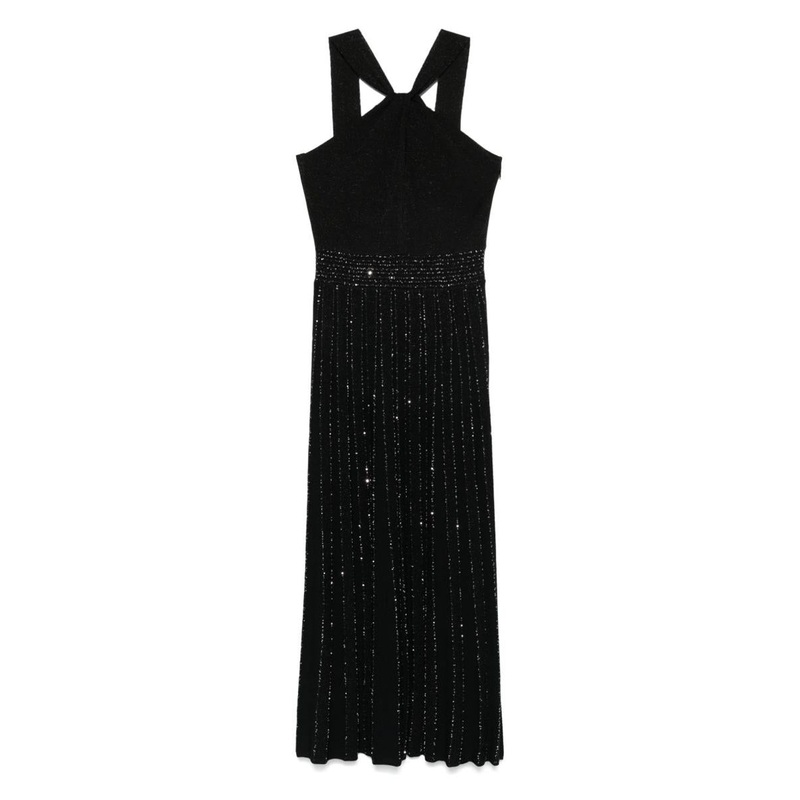 D.Exterior Black Flared Long Dress With Lurex-Effect