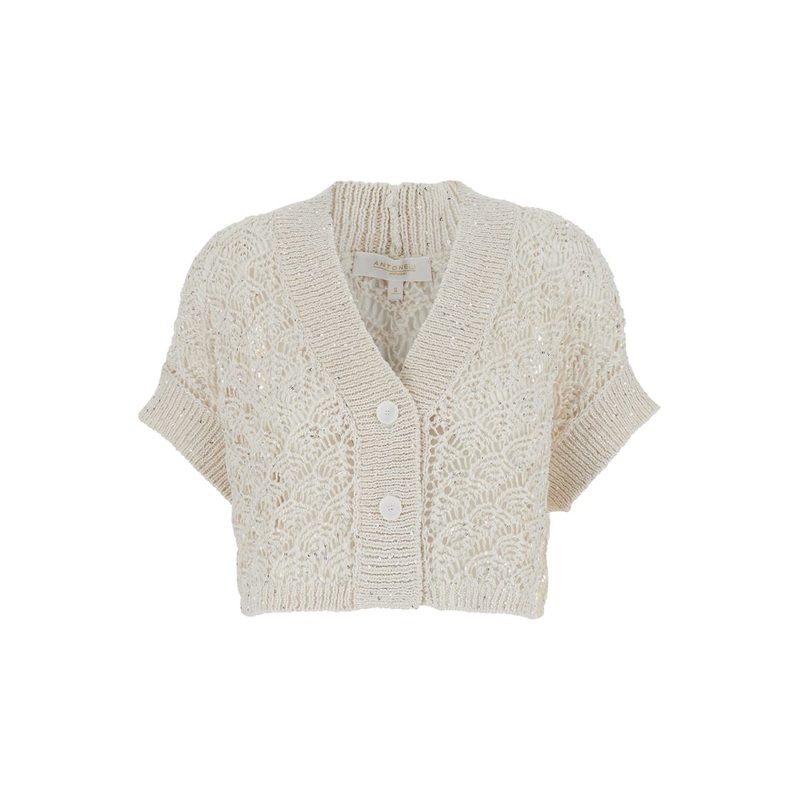 ‘Bizet’ White Knit Cardigan With V Neck In Linen And Cotton Woman