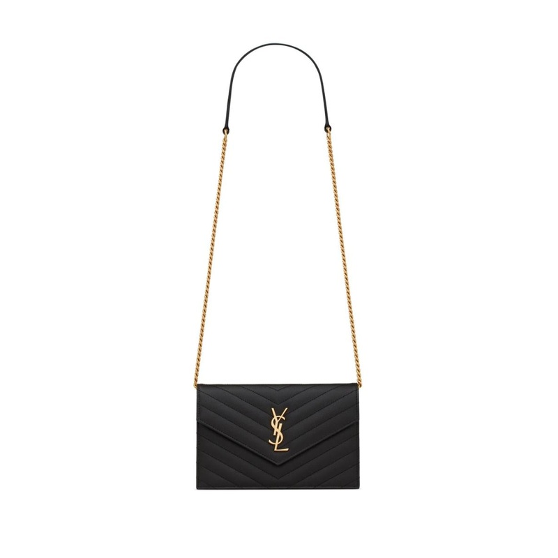 Saint Laurent Grain De Poudre Leather Cassandre Envelope Chain Wallet Bags