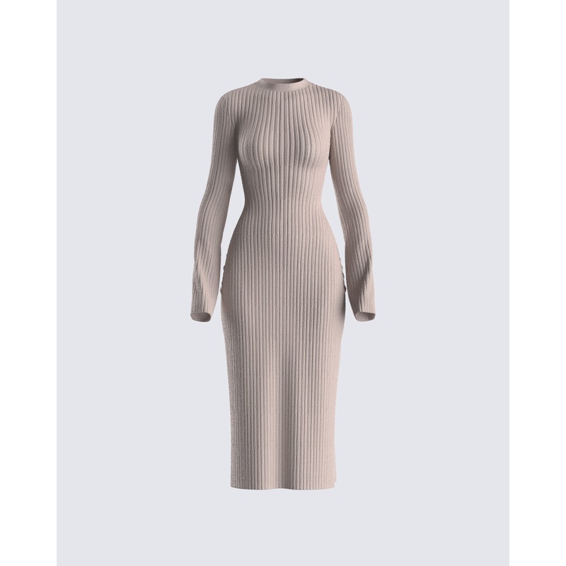 Rejina Taupe Wide Rib Midi Dress