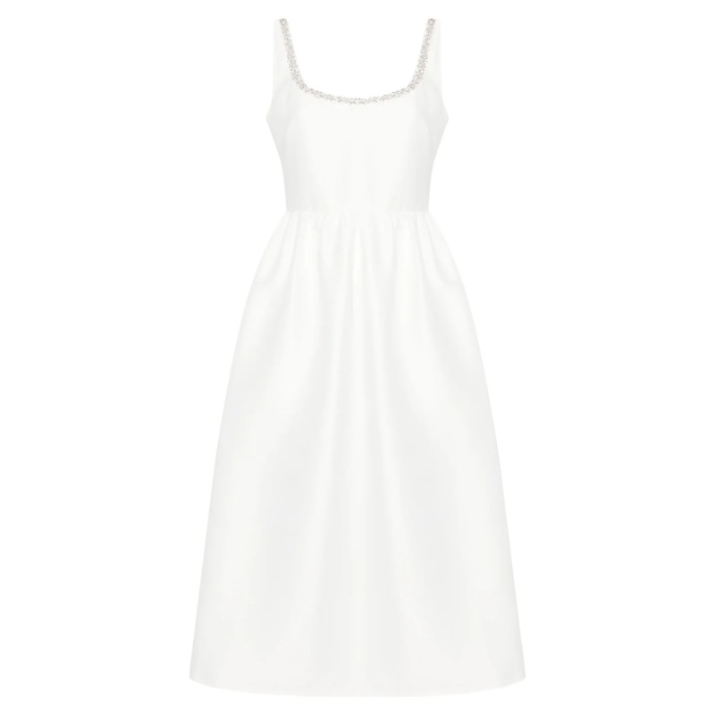 White Taffeta Diamante Midi Dress