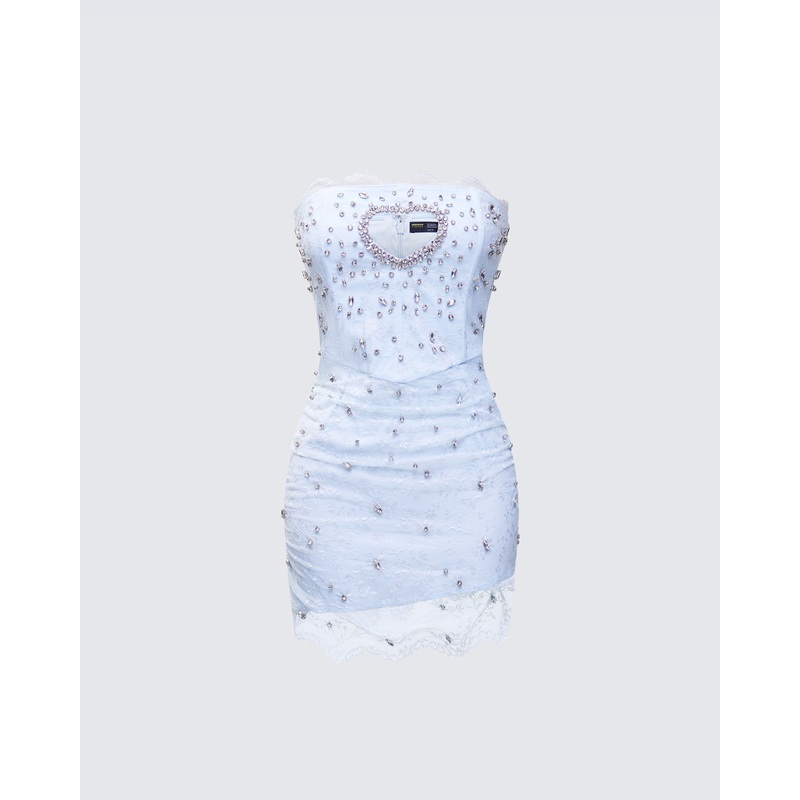Clover Hand Beaded Rhinestone Baby Blue Mini Dress