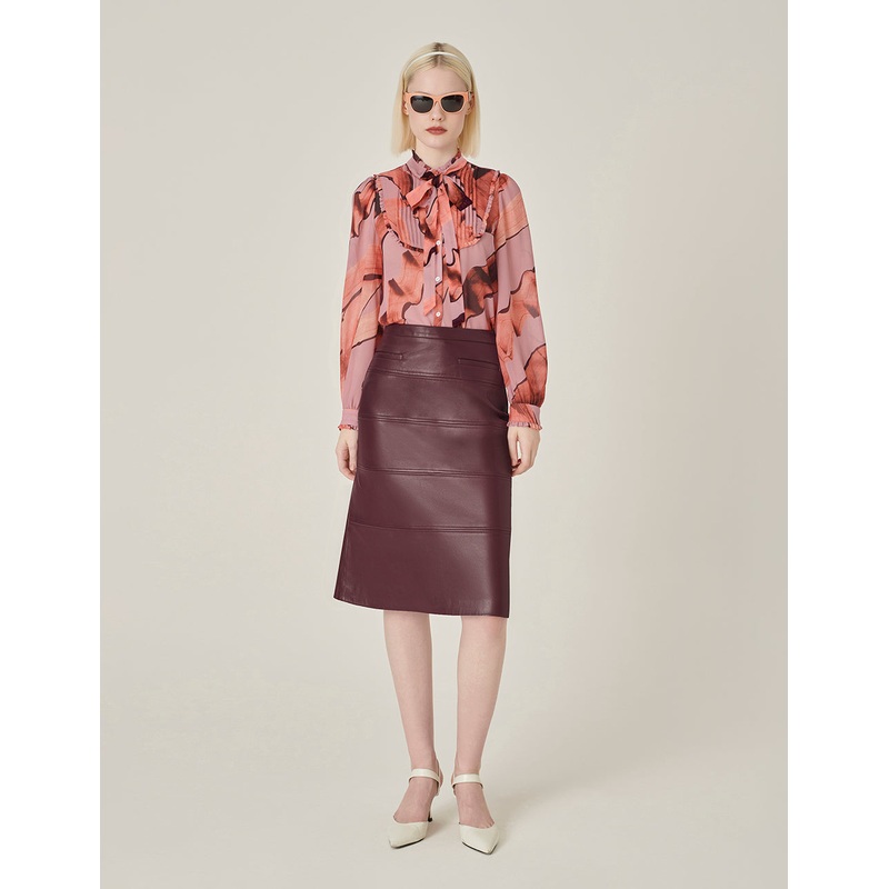 Stand Collar Long-sleeve Printed Pink Blouse