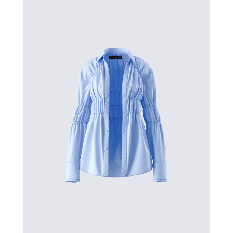 Reina Blue Poplin Ruched Shirt