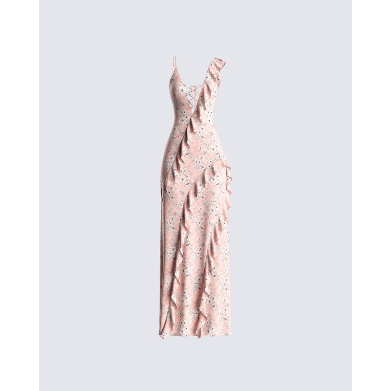 Leonie Peach Floral Maxi Dress