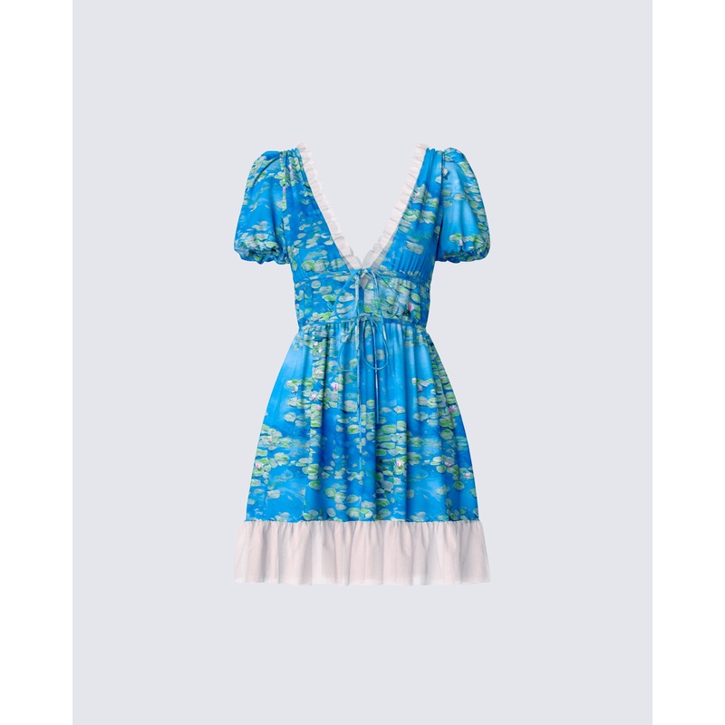 Lacey Blue Water Lilies Print Mini Dress
