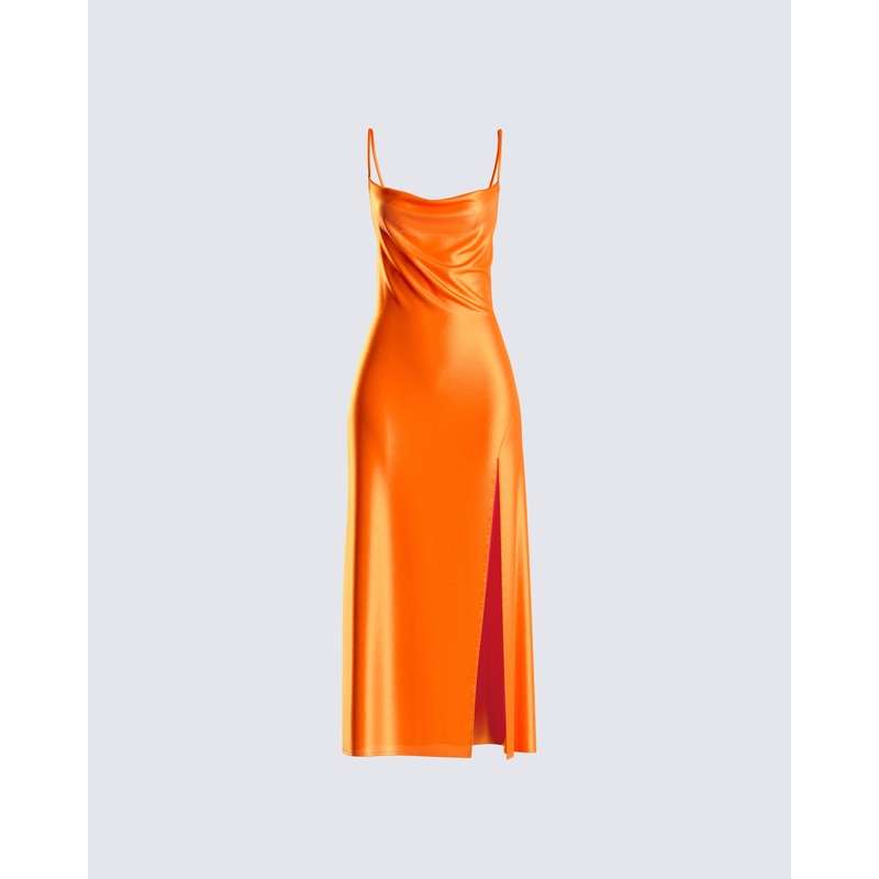 Alina Orange Satin Midi Dress