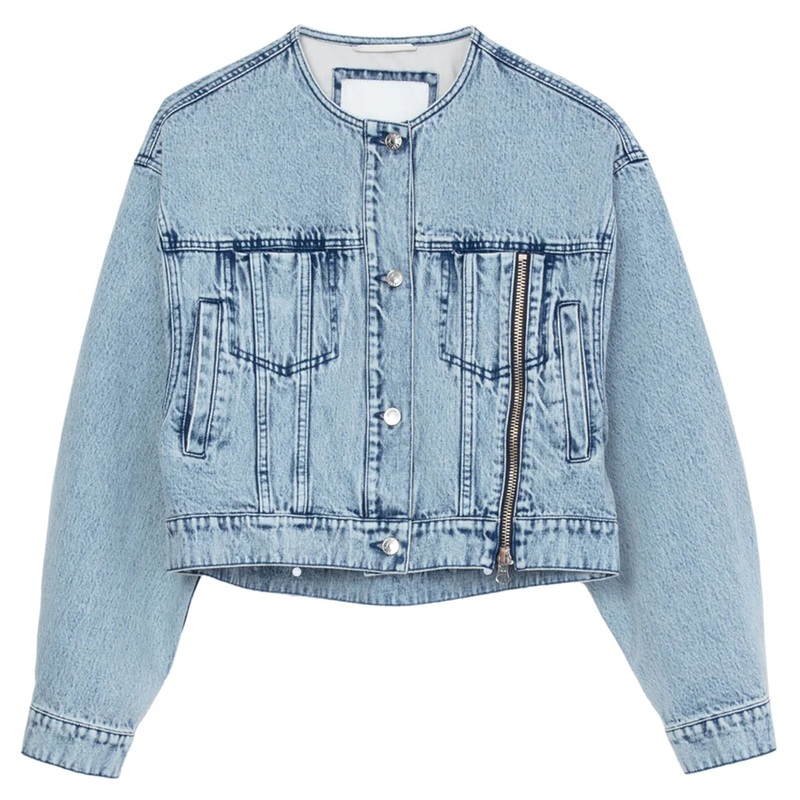 Collarless Cropped Denim Jacket