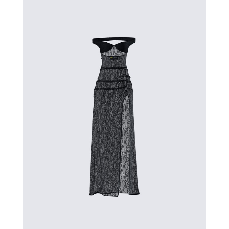 Ludovica Black Lace Bardot Maxi Dress