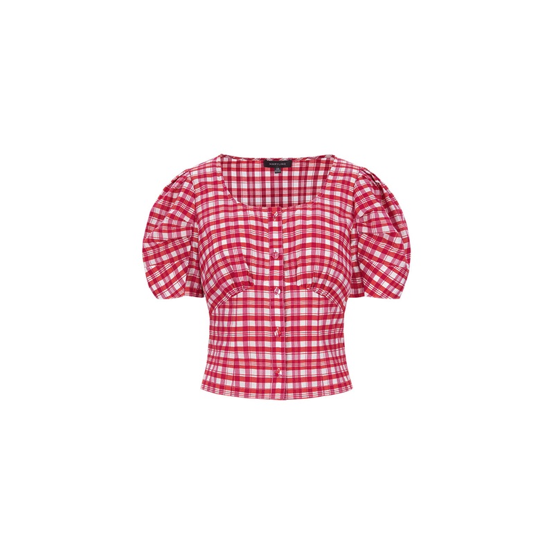Pink Plaid Square Neck Bubble Sleeve Plaid Top