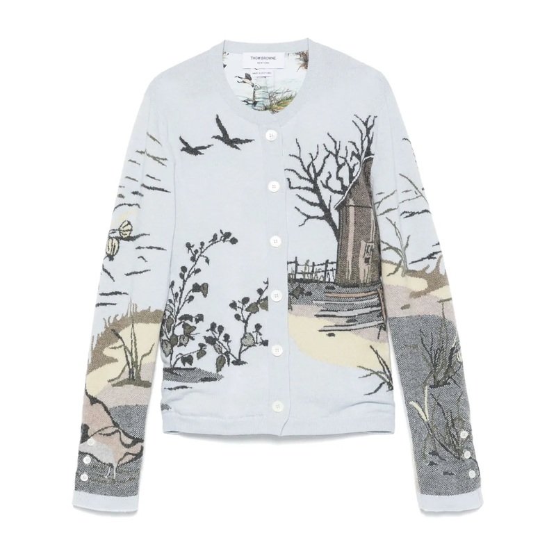 Scenic Intarsia Silk Twill Cashmere Cardigan Women