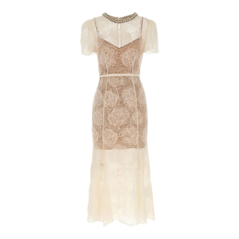 Cream Tulle Lace Midi Dress