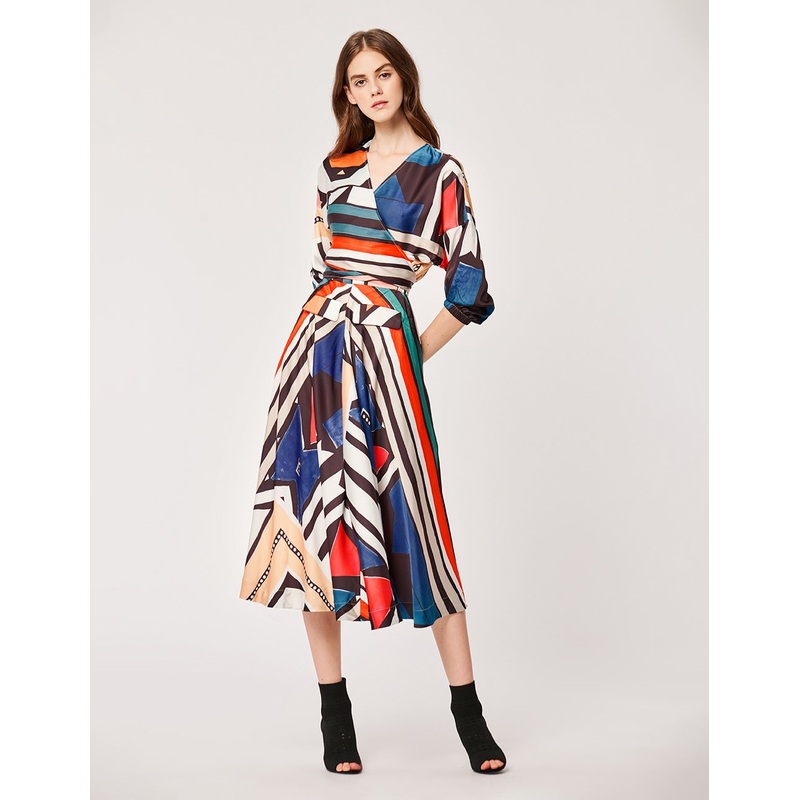 Silk Ndebele Style Pattern V Neck A-Line Midi  Dress